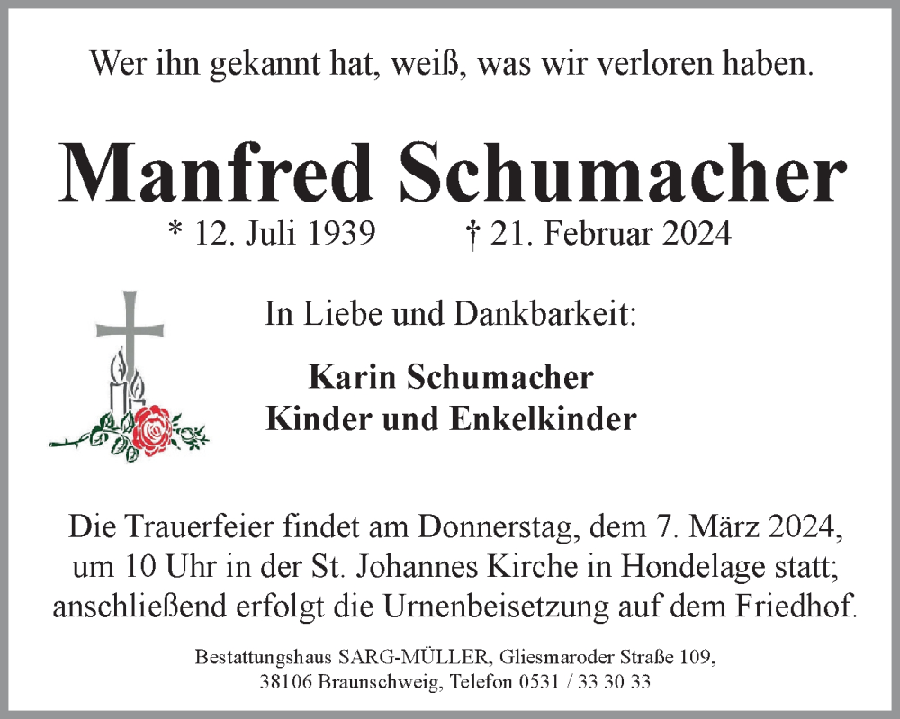 Traueranzeige für Manfred Schumacher vom 02.03.2024 aus Braunschweiger Zeitung