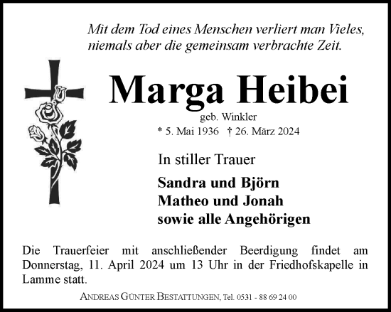 Traueranzeige von Marga Heibei von Braunschweiger Zeitung