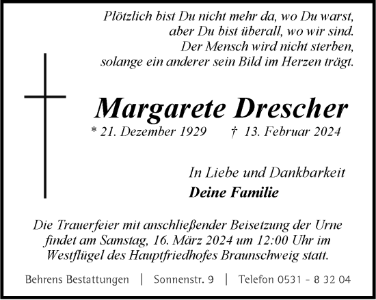 Traueranzeige von Margarete Drescher von Braunschweiger Zeitung