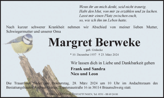 Traueranzeige von Margret Berweke von Braunschweiger Zeitung