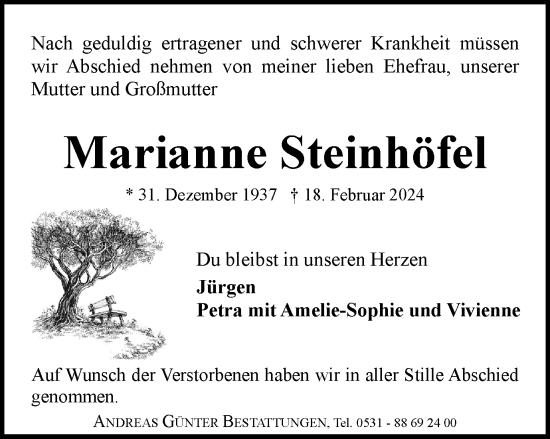 Traueranzeige von Marianne Steinhöfel von Braunschweiger Zeitung