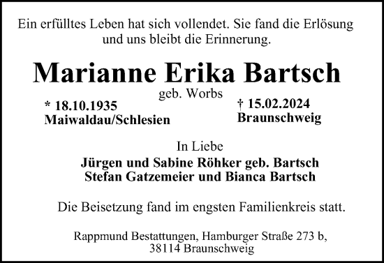 Traueranzeige von Marianne Erika Bartsch von Braunschweiger Zeitung