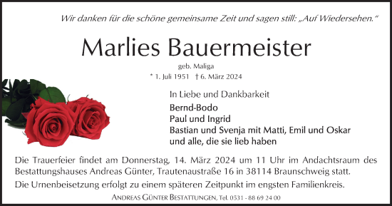 Traueranzeige von Marlies Bauermeister von Braunschweiger Zeitung