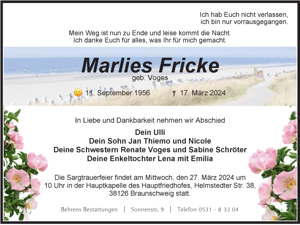  Traueranzeige für Marlies Fricke vom 23.03.2024 aus Braunschweiger Zeitung