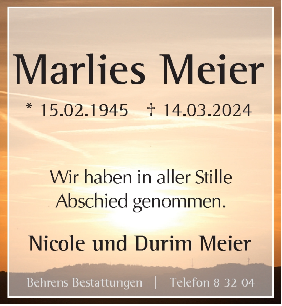 Traueranzeige von Marlies Meier von Neue Braunschweiger am Samstag