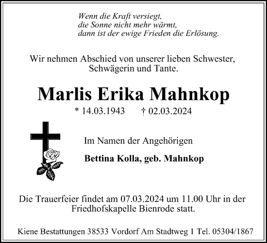 Traueranzeige von Marlis Erika Mahnkop von Braunschweiger Zeitung