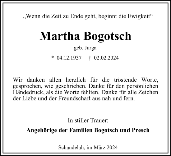 Traueranzeige von Martha Bogotsch von Wolfenbütteler Zeitung