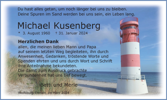 Traueranzeige von Michael Kusenberg von Wolfsburger Nachrichten
