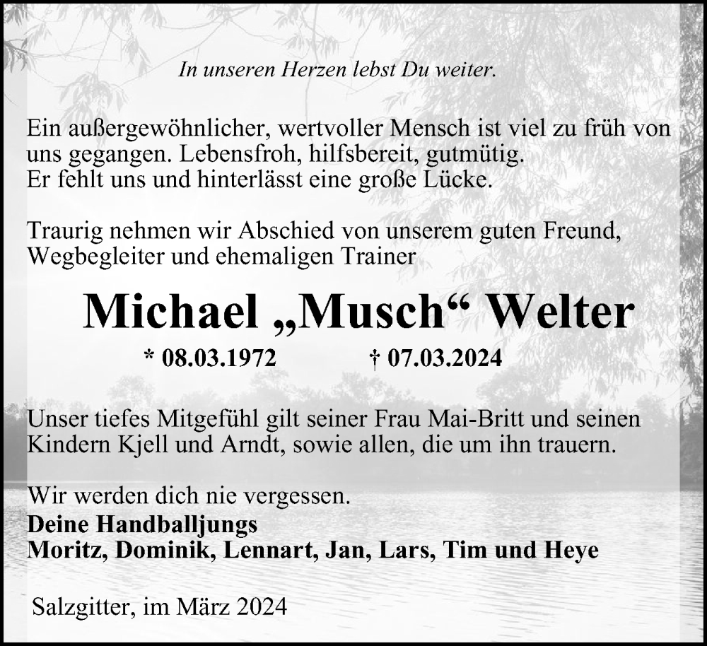  Traueranzeige für Michael Welter vom 23.03.2024 aus Salzgitter-Zeitung