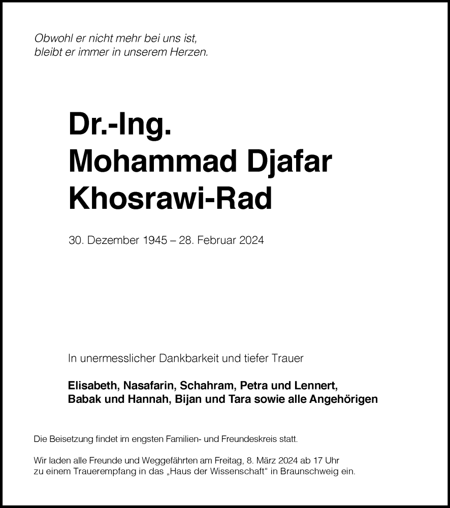  Traueranzeige für Mohammad Djafar Khosrawi-Rad vom 02.03.2024 aus Braunschweiger Zeitung