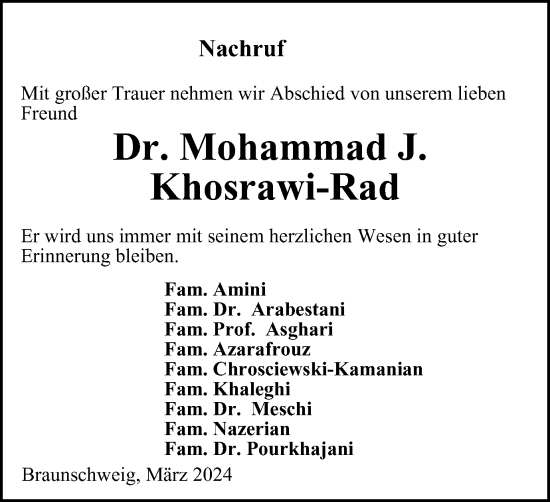 Traueranzeige von Mohammad J. Khosrawi-Rad von Braunschweiger Zeitung