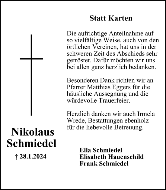 Traueranzeige von Nikolaus Schmiedel von Wolfenbütteler Zeitung