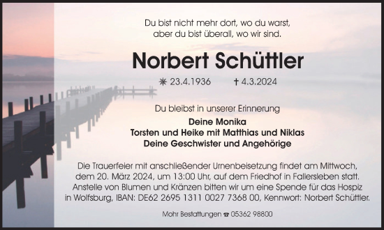 Traueranzeige von Norbert Schüttler von Wolfsburger Nachrichten