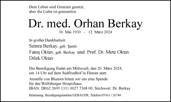 Traueranzeige von Orhan Berkay von Wolfsburger Nachrichten