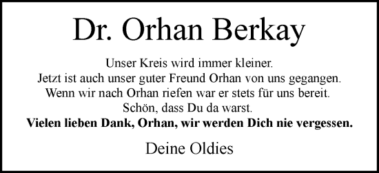 Traueranzeige von Orhan Berkay von Wolfsburger Nachrichten