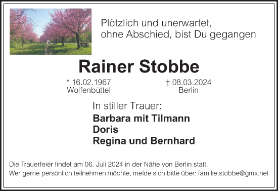 Traueranzeige von Rainer Stobbe von Braunschweiger Zeitung