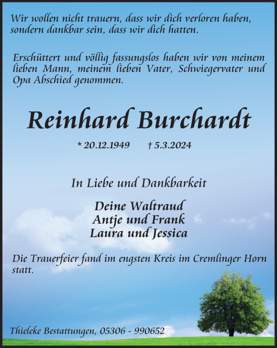 Traueranzeige von Reinhard Burchardt von Wolfenbütteler Zeitung