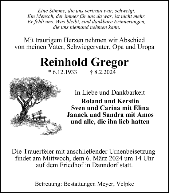 Traueranzeige von Reinhold Gregor von Wolfsburger Nachrichten
