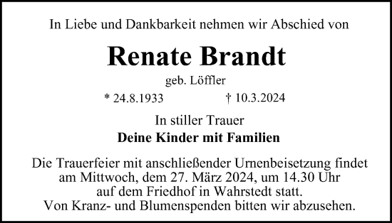 Traueranzeige von Renate Brandt von Helmstedter Nachrichten