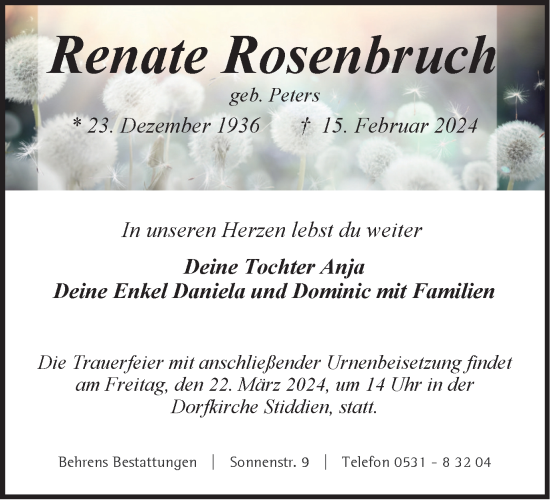 Traueranzeige von Renate Rosenbruch von Braunschweiger Zeitung