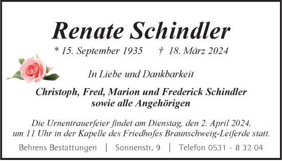 Traueranzeige von Renate Schindler von Braunschweiger Zeitung