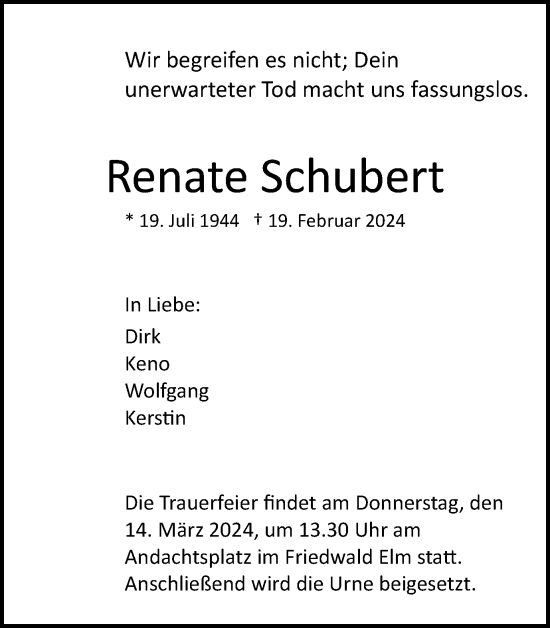 Traueranzeige von Renate Schubert von Wolfenbütteler Zeitung