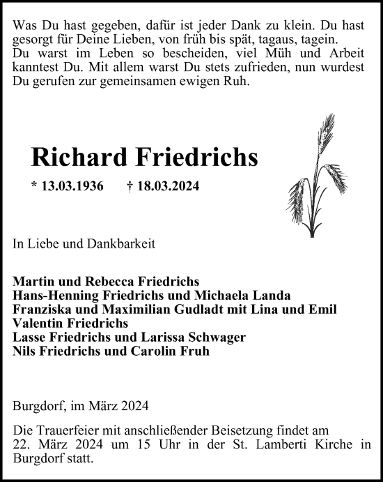 Traueranzeige von Richard Friedrichs von Salzgitter-Zeitung