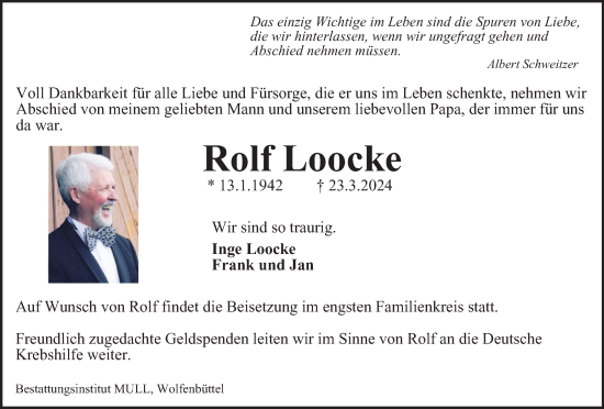 Traueranzeige von Rolf Loocke von Wolfenbütteler Zeitung