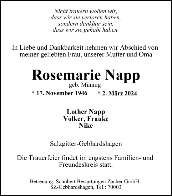 Traueranzeige von Rosemarie Napp von Salzgitter-Zeitung