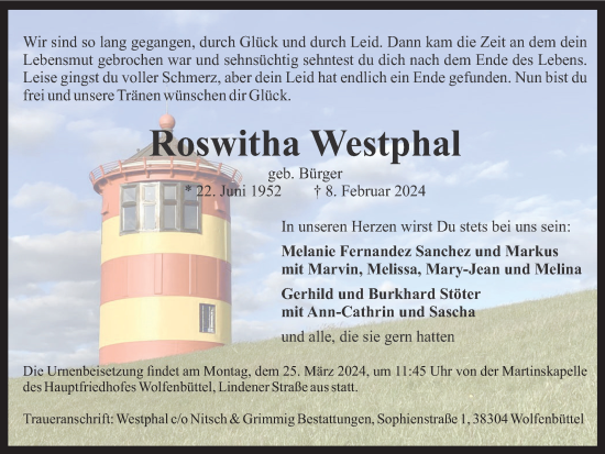 Traueranzeige von Roswitha Westphal von Wolfenbütteler Zeitung