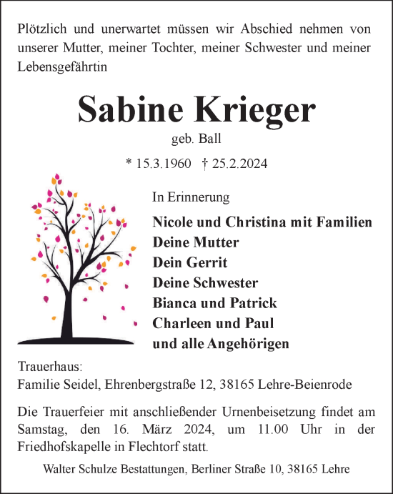 Traueranzeige von Sabine Krieger von Helmstedter Nachrichten