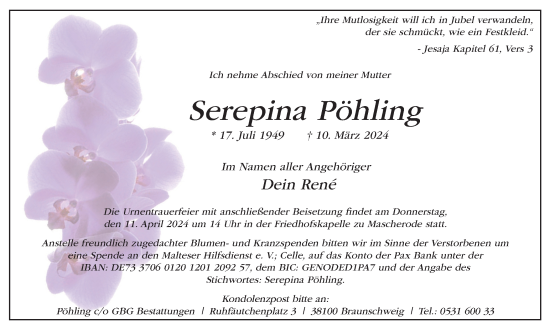 Traueranzeige von Serepina Pöhling von Braunschweiger Zeitung