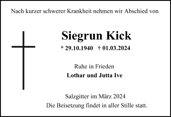 Traueranzeige von Siegrun Kick von Salzgitter-Zeitung