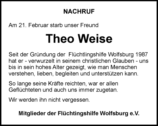 Traueranzeige von Theo Weise von Wolfsburger Nachrichten