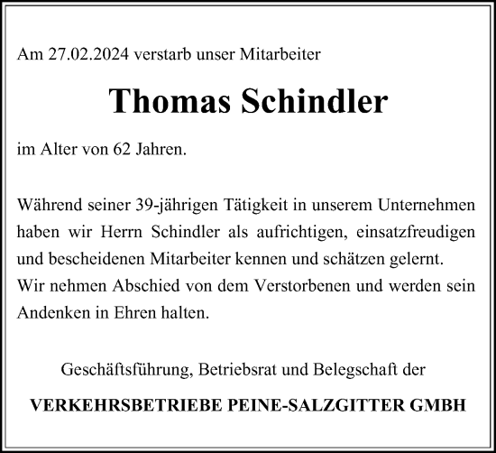 Traueranzeige von Thomas Schindler von Peiner Nachrichten