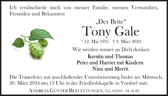 Traueranzeige von Tony Gale von Braunschweiger Zeitung