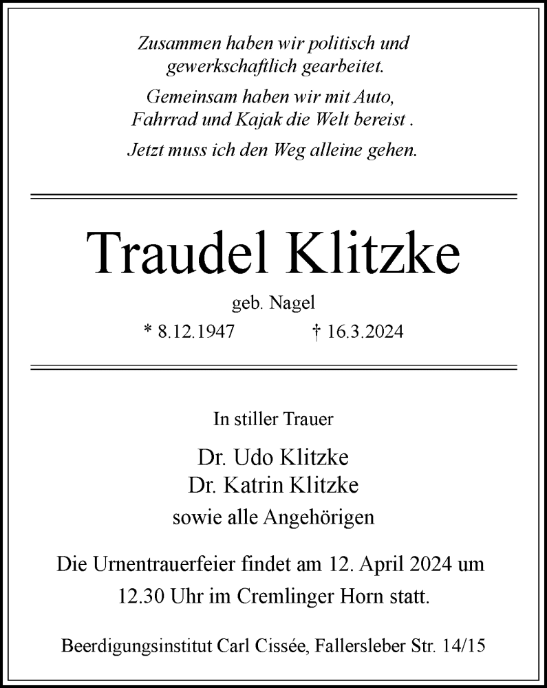  Traueranzeige für Traudel Klitzke vom 23.03.2024 aus Braunschweiger Zeitung
