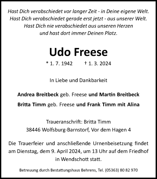 Traueranzeige von Udo Freese von Wolfsburger Nachrichten