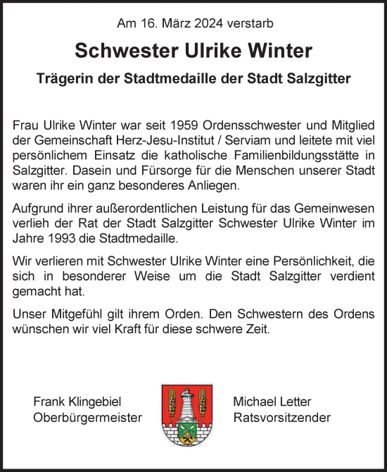 Traueranzeige von Ulrike Winter von Salzgitter-Zeitung