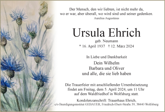 Traueranzeige von Ursula Ehrich von Wolfsburger Nachrichten