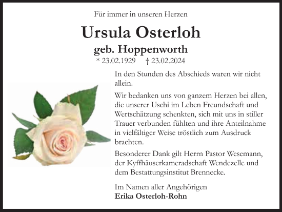 Traueranzeige von Ursula Osterloh von Braunschweiger Zeitung