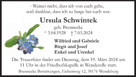 Traueranzeige von Ursula Schwintek von Braunschweiger Zeitung