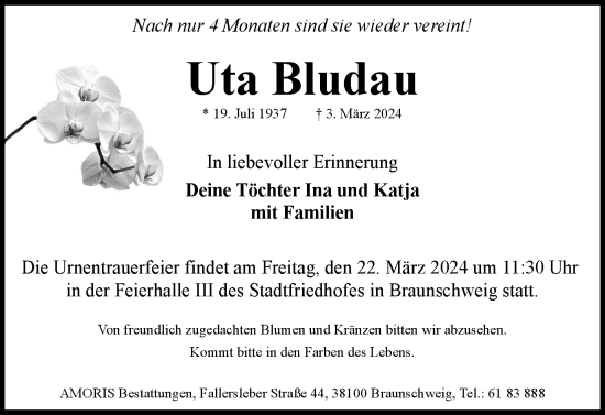 Traueranzeige von Uta Bludau von Braunschweiger Zeitung
