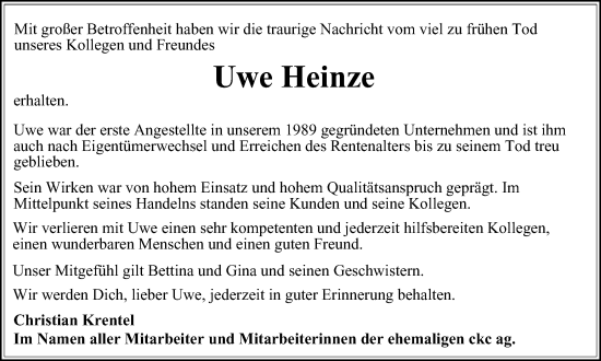 Traueranzeige von Uwe Heinze von Braunschweiger Zeitung