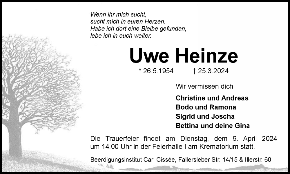  Traueranzeige für Uwe Heinze vom 30.03.2024 aus Braunschweiger Zeitung