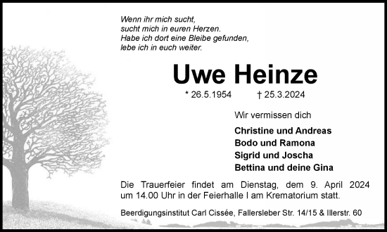Traueranzeige von Uwe Heinze von Braunschweiger Zeitung