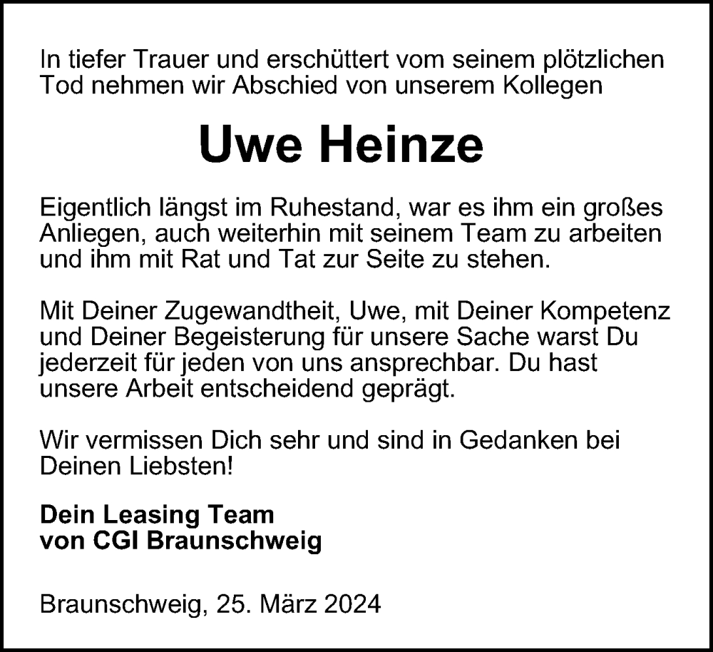  Traueranzeige für Uwe Heinze vom 30.03.2024 aus Braunschweiger Zeitung