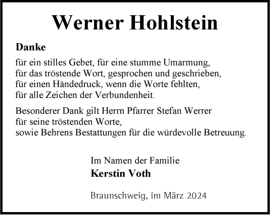 Traueranzeige von Werner Hohlstein von Braunschweiger Zeitung