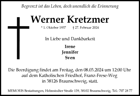 Traueranzeige von Werner Kretzmer von Braunschweiger Zeitung