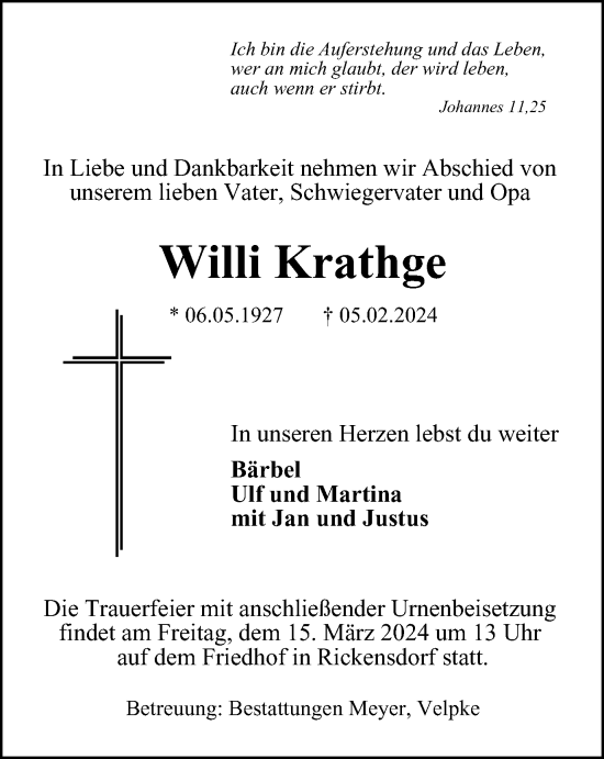 Traueranzeige von Willi Krathge von Helmstedter Nachrichten